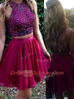 Scoop Fuchsia Sleeveless Mini Length Beading Zipper Prom Dress