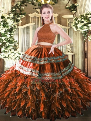 Hot Selling Floor Length Rust Red Vestidos de Quinceanera Halter Top Sleeveless Backless