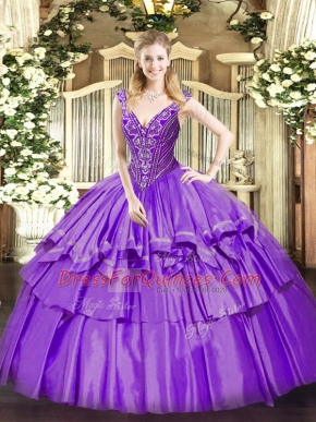 Eye-catching Lavender Ball Gowns V-neck Sleeveless Organza and Taffeta Floor Length Lace Up Beading and Ruffled Layers Ball Gown Prom Dress