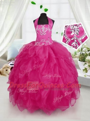 New Style Fuchsia Organza Lace Up Halter Top Sleeveless Floor Length Little Girls Pageant Dress Wholesale Appliques and Ruffles