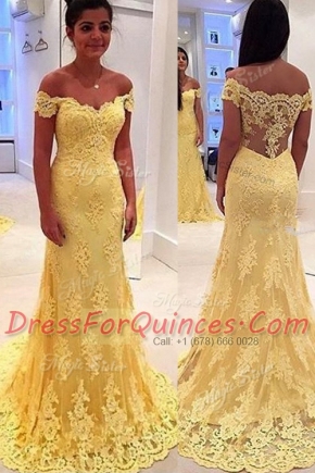 Off the Shoulder Lace Sleeveless With Train Dress for Prom Brush Train and Lace