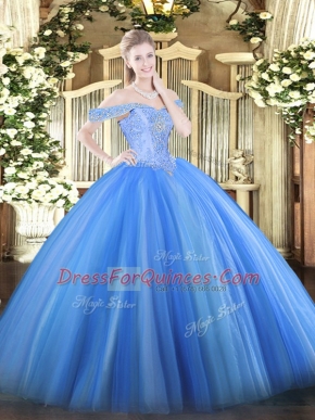 Beautiful Baby Blue Quince Ball Gowns Military Ball and Sweet 16 and Quinceanera with Beading Off The Shoulder Sleeveless Lace Up