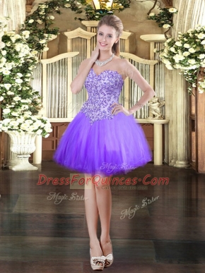 Lavender Lace Up Prom Evening Gown Appliques Sleeveless Mini Length