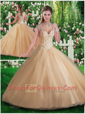 2016 Simple A Line Champange Quinceanera Gowns with Beading and Appliques