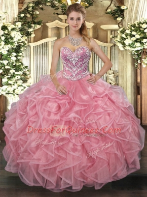 Dazzling Ball Gowns Quince Ball Gowns Pink Sweetheart Tulle Sleeveless Floor Length Lace Up