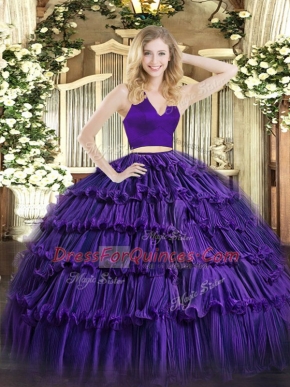 Two Pieces Quinceanera Gown Purple Halter Top Organza Sleeveless Floor Length Zipper