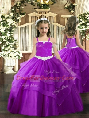 Floor Length Ball Gowns Sleeveless Purple Little Girl Pageant Dress Lace Up