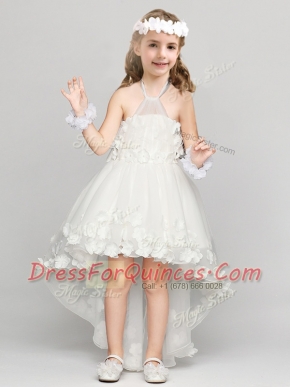 White A-line Halter Top Sleeveless Organza High Low Zipper Appliques and Bowknot Flower Girl Dresses for Less