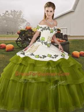 Wonderful Off The Shoulder Sleeveless Tulle 15 Quinceanera Dress Embroidery and Ruffled Layers Brush Train Lace Up