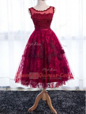 Glamorous Fuchsia Sleeveless Tea Length Lace Zipper Court Dresses for Sweet 16