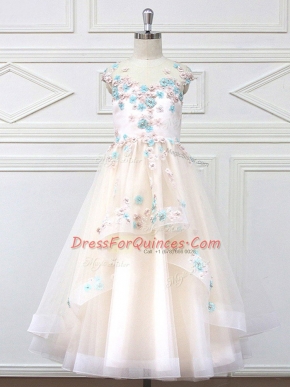 Champagne Sleeveless Floor Length Appliques Zipper Flower Girl Dress