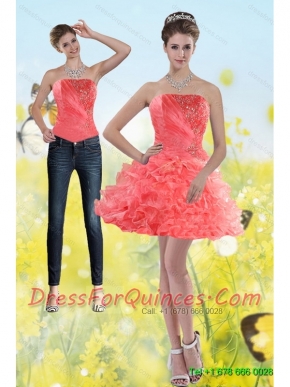Detachable 2015 Watermelon Red Strapless Prom Dresses with Beading and Ruffles