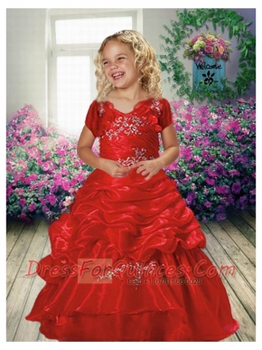 Beautiful Ball Gown V-neck Appliques Little Girl Pageant Dress in Red