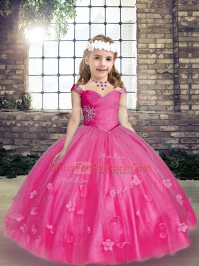 Sleeveless Floor Length Beading and Hand Made Flower Lace Up Little Girl Pageant Gowns with Hot Pink