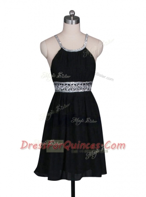 Halter Top Sleeveless Dress for Prom Mini Length Beading Black Chiffon