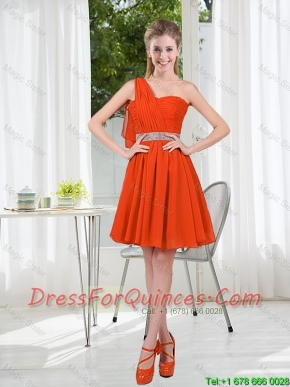 Rust Red One Shoulder Junior Dresses with Beading and Belt