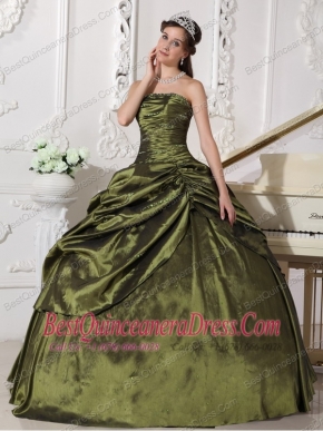 Olive Green Ball Gown Strapless Floor-length Taffeta Beading Quinceanera Dress