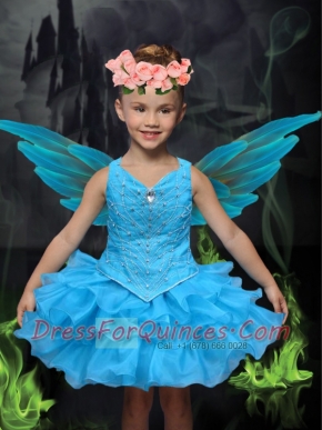 2014 Aqua Blue V-neck Mini-length Little Girl Dress with Beading and Ruffles