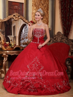 Wine Red Ball Gown Strapless Floor-length Satin  Embroidery Quinceanera Dress