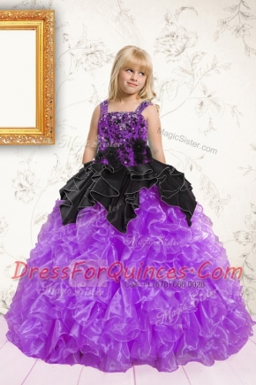 Ball Gowns Toddler Flower Girl Dress Black and Purple Straps Organza Sleeveless Floor Length Lace Up