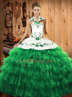 Latest Green Halter Top Lace Up Embroidery and Ruffled Layers Quinceanera Gown Long Sleeves