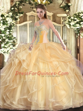 Beading and Ruffles 15th Birthday Dress Champagne Lace Up Sleeveless Floor Length
