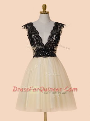 Sequins Knee Length Champagne V-neck Cap Sleeves Zipper