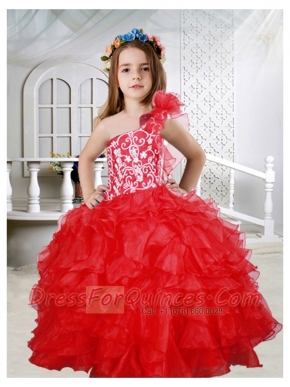 Red One Shoulder Little Girl Pageant Dresses with Hand Beading Ruffled Layers