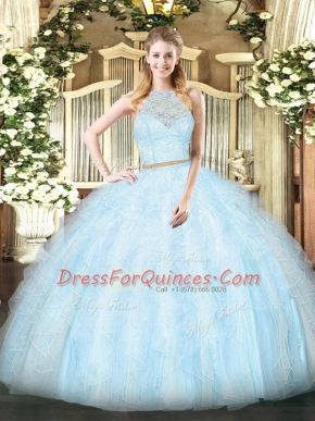 Elegant Light Blue Sleeveless Lace and Ruffles Floor Length Quinceanera Gowns