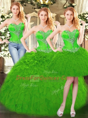 Adorable Sleeveless Organza Floor Length Lace Up Quinceanera Gowns in Green with Beading and Ruffles