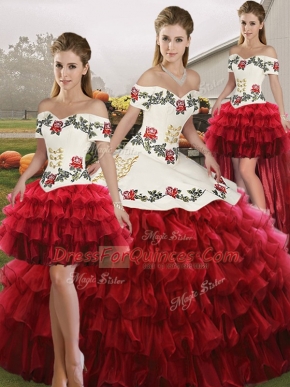 Wine Red Organza Lace Up Off The Shoulder Sleeveless Floor Length Sweet 16 Quinceanera Dress Embroidery and Ruffled Layers