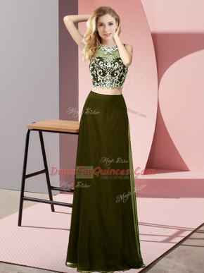 Chiffon Scoop Sleeveless Backless Beading Teens Party Dress in Olive Green
