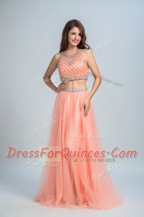 Vintage Scoop Floor Length Peach Prom Dress Chiffon Sleeveless Beading and Belt