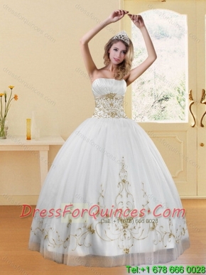 2015 Custom Made Strapless Embroidery White and Gold Dresses for Quinceanera