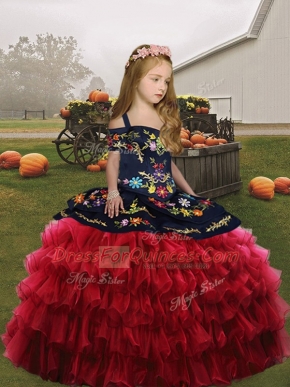 Fancy Red Ball Gowns Straps Sleeveless Organza Floor Length Lace Up Embroidery Child Pageant Dress