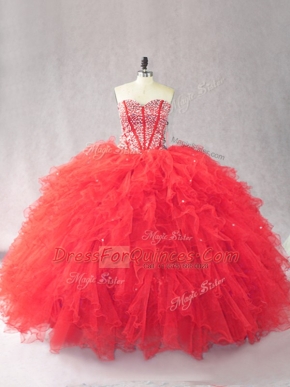 Delicate Sleeveless Tulle Floor Length Lace Up Quinceanera Dress in Red with Beading and Ruffles