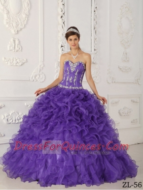 2014 Spring Quinceanera Dressses Ball Gown Ruffles and  Appliques Satin and Oraganza Purple