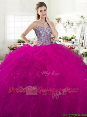 Exclusive Beaded Bodice and Ruffled Tulle Quinceanera Dress in Fuchsia