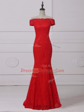 Edgy Scoop Sleeveless Evening Dress Lace and Appliques Red Lace