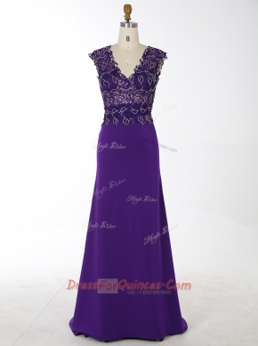 Mermaid Purple Zipper V-neck Beading Homecoming Dress Chiffon Sleeveless Brush Train