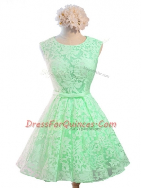 Adorable Apple Green A-line Lace Scoop Sleeveless Belt Knee Length Lace Up Quinceanera Dama Dress