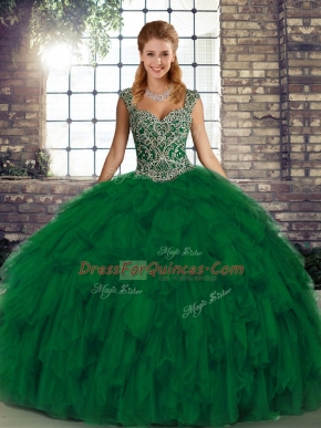 Glorious Straps Sleeveless Lace Up Quince Ball Gowns Green Organza
