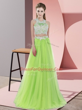 Flirting Yellow Green Halter Top Zipper Lace Quinceanera Dama Dress Sleeveless
