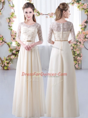 Spectacular Champagne Empire Chiffon Scoop Half Sleeves Lace and Belt Floor Length Zipper Vestidos de Damas