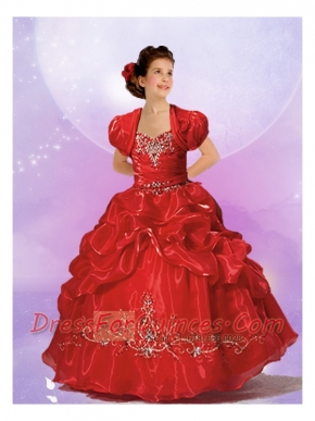 Popular Straps Ball Gown 2014 Little Girl Pageant Dresses with Appliques in Red