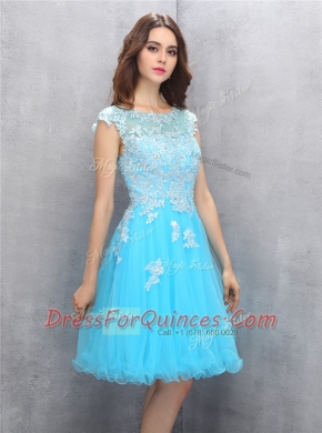 Top Selling Blue A-line Scoop Cap Sleeves Organza Knee Length Zipper Beading and Appliques Prom Party Dress