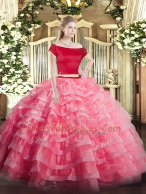 Top Selling Watermelon Red Tulle Zipper Quinceanera Gown Short Sleeves Floor Length Appliques and Ruffled Layers