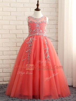 Wonderful Sleeveless Tulle Floor Length Zipper Kids Pageant Dress in Watermelon Red with Beading