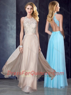 Elegant Scoop Criss Cross Applique Prom Dress in Champagne