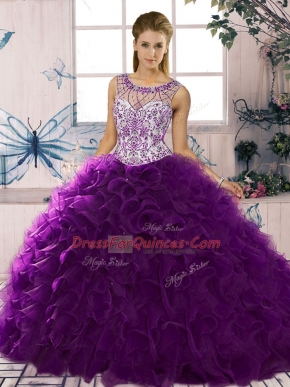 Fabulous Beading and Ruffles Sweet 16 Dresses Purple Lace Up Sleeveless Floor Length